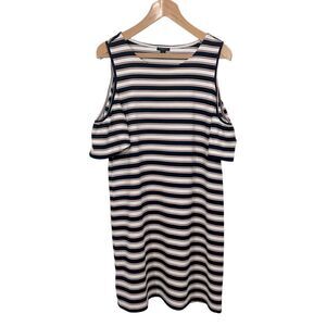 Ann Taylor Cold Shoulder Striped Flutter Dress Blue/Pink Size: Large Petite